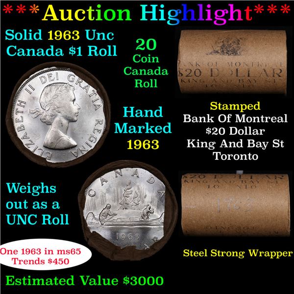 ***Auction Highlight*** Full Roll of Silver 1963 Canadian Dollar with Queen Elizabeth II, 20 Coins i
