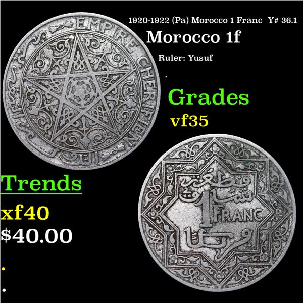 1920-1922 (Pa) Morocco 1 Franc  Y# 36.1 Grades vf++
