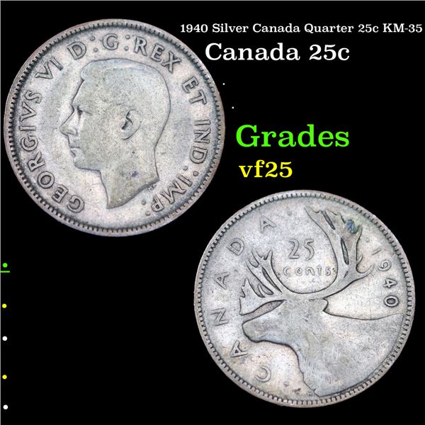 1940 Silver Canada Quarter 25c KM-35 Grades vf+