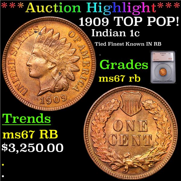 ***Auction Highlight*** 1909 Indian Cent TOP POP! 1c Graded ms67 rb BY SEGS (fc)