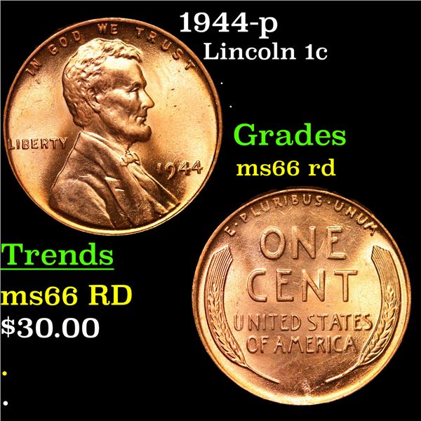 1944-p Lincoln Cent 1c Grades GEM+ Unc RD