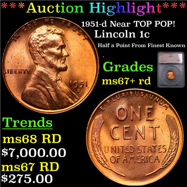 ***Auction Highlight*** 1951-d Lincoln Cent Near TOP POP! 1c Graded ms67+ rd BY SEGS (fc)