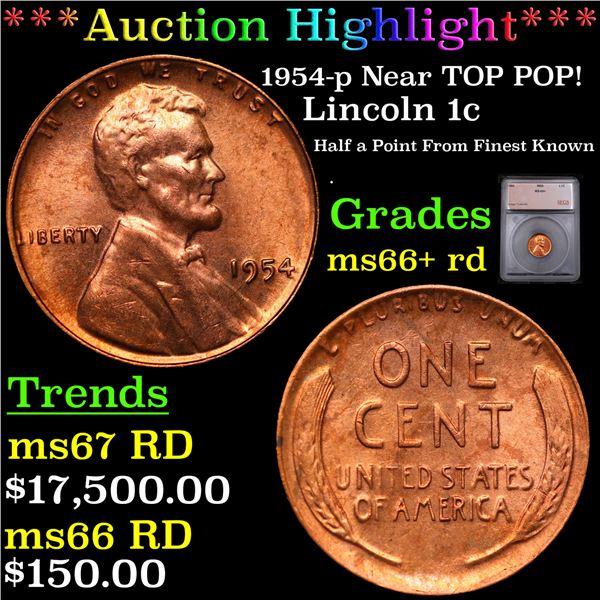 ***Auction Highlight*** 1954-p Lincoln Cent Near TOP POP! 1c Graded ms66+ rd BY SEGS (fc)