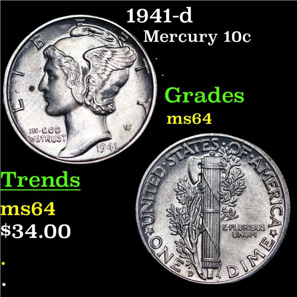 1941-d Mercury Dime 10c Grades Choice Unc