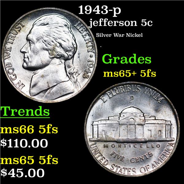 1943-p Jefferson Nickel 5c Grades GEM+ 5fs