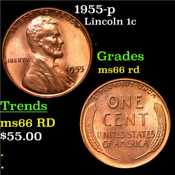 1955-p Lincoln Cent 1c Grades GEM+ Unc RD