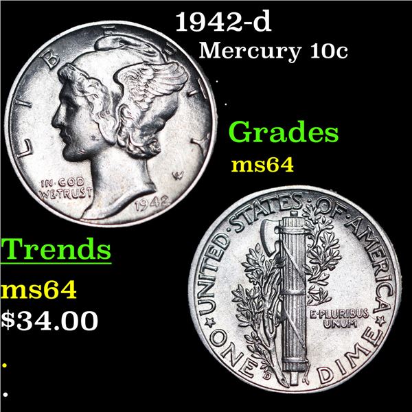 1942-d Mercury Dime 10c Grades Choice Unc