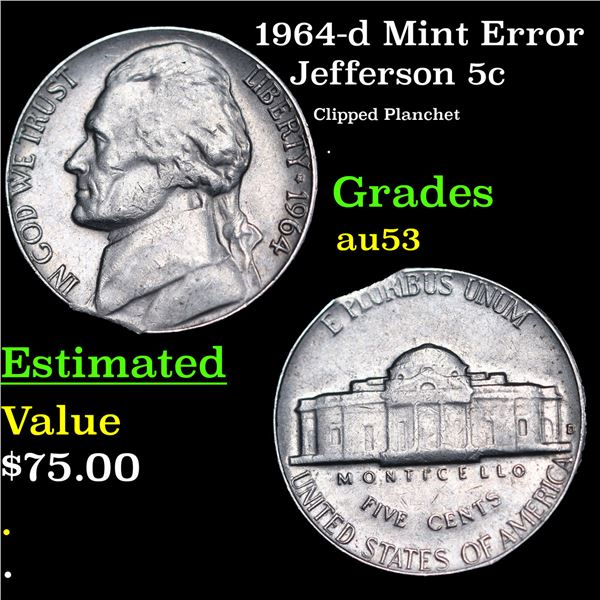 1964-d Jefferson Nickel Mint Error 5c Grades Select AU