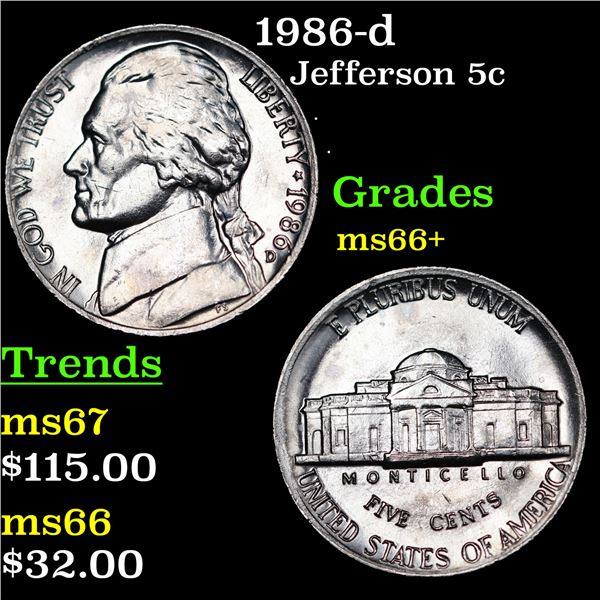 1986-d Jefferson Nickel 5c Grades GEM++ Unc
