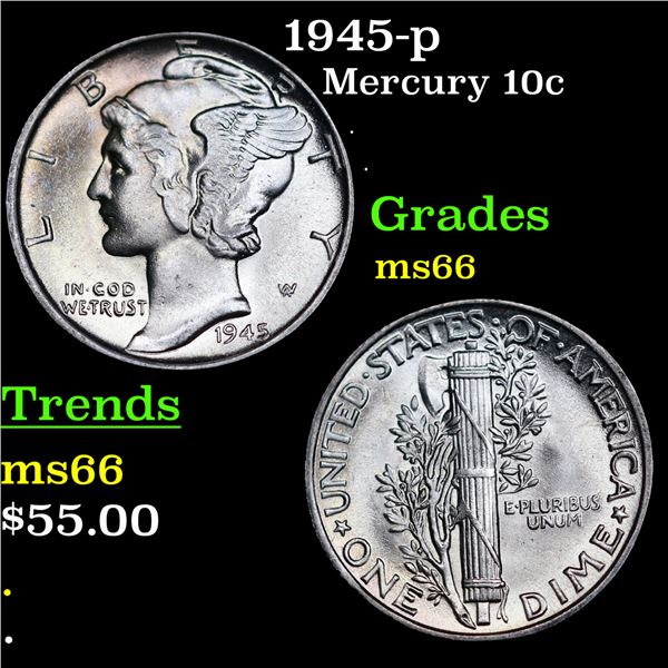 1945-p Mercury Dime 10c Grades GEM+ Unc