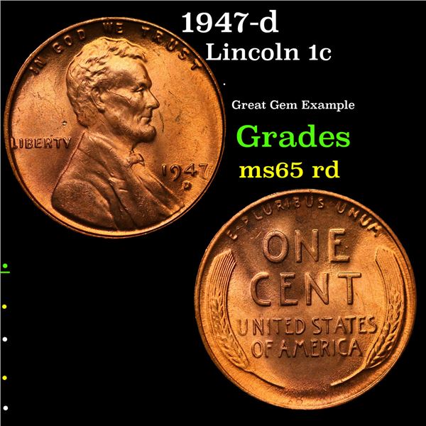 1947-d Lincoln Cent 1c Grades GEM Unc RD