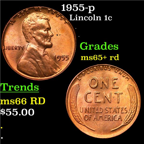 1955-p Lincoln Cent 1c Grades Gem+ Unc RD