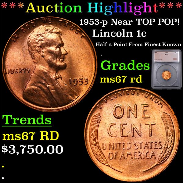 ***Auction Highlight*** 1953-p Lincoln Cent Near TOP POP! 1c Graded ms67 rd BY SEGS (fc)