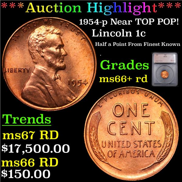 ***Auction Highlight*** 1954-p Lincoln Cent Near TOP POP! 1c Graded ms66+ rd BY SEGS (fc)