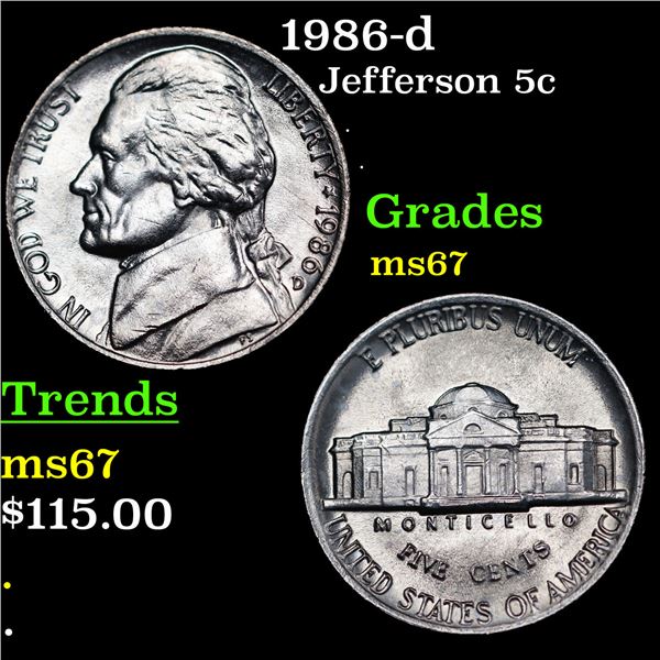 1986-d Jefferson Nickel 5c Grades GEM++ Unc