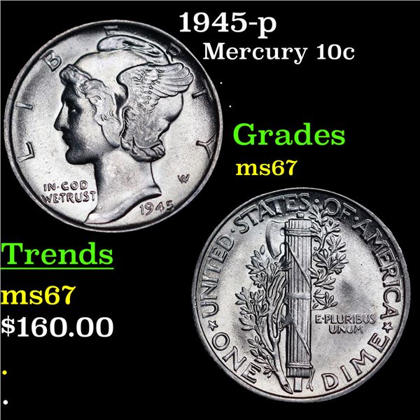 1945-p Mercury Dime 10c Grades GEM++ Unc