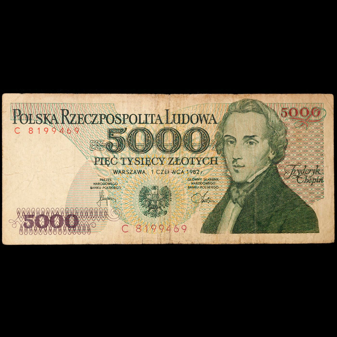 1986 Poland 5000 Zlotych Banknote Grades vf+