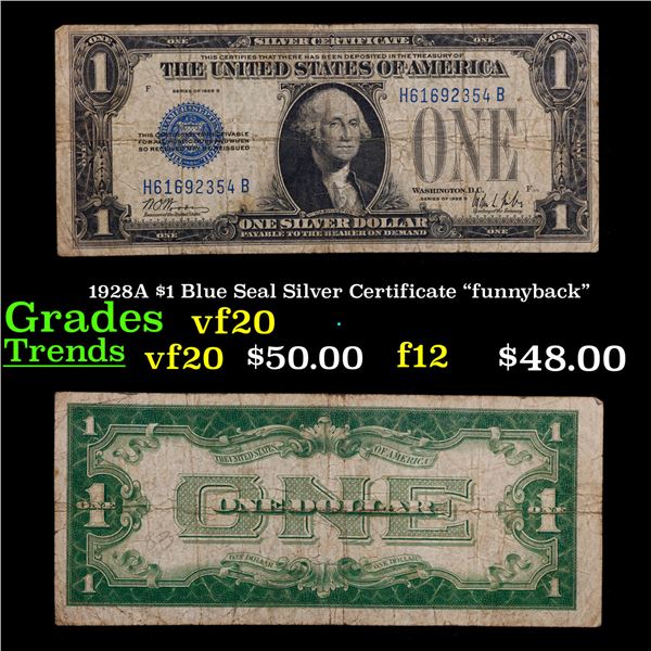 1928D $1 Blue Seal Silver Certificate "funnyback" Grades vf, very fine