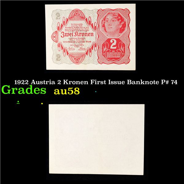 1922 Austria 2 Kronen First Issue Banknote P# 74 Grades Choice AU/BU Slider