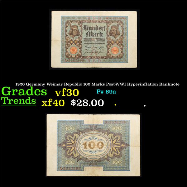 1920 Germany Weimar Republic 100 Marks Post-WWI Hyperinflation Banknote Grades vf++