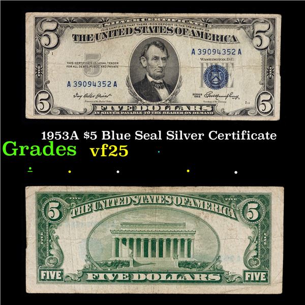 1953 $5 Blue Seal Silver Certificate Grades vf+