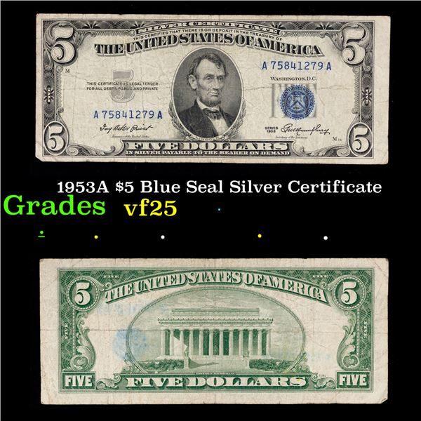 1953 $5 Blue Seal Silver Certificate Grades vf+