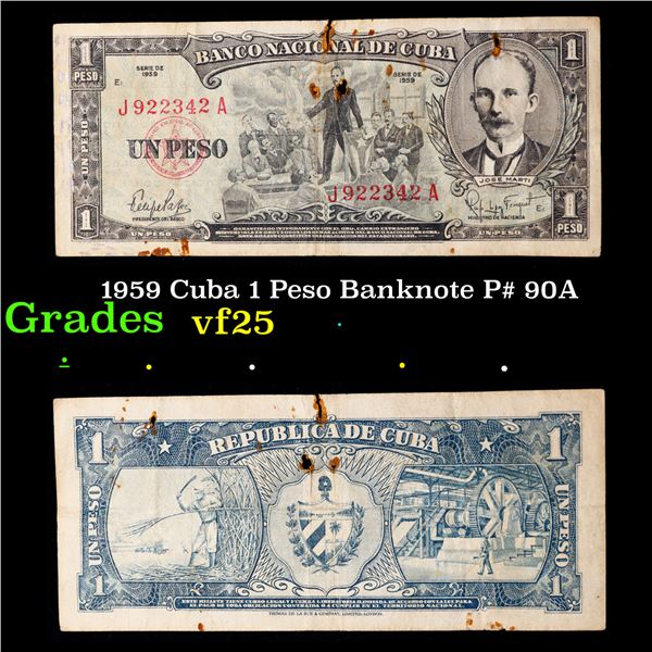 1959 Cuba 1 Peso Banknote P# 90A Grades vf+