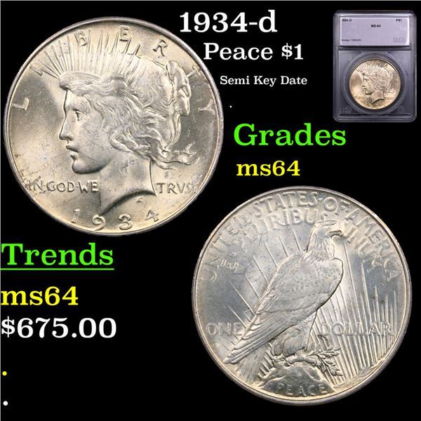 1934-d Peace Dollar $1 Graded ms64 BY SEGS