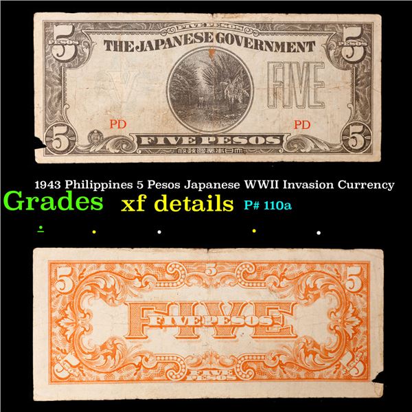 1943 Philippines 5 Pesos Japanese WWII Invasion Currency Grades xf details