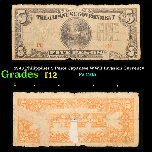 1943 Philippines 5 Pesos Japanese WWII Invasion Currency Grades f, fine