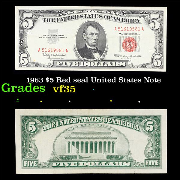 1963 $5 Red seal United States Note Grades vf++