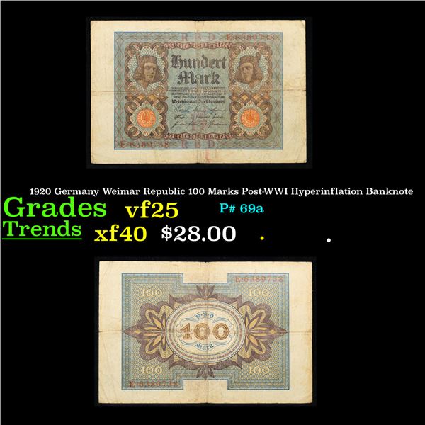 1920 Germany Weimar Republic 100 Marks Post-WWI Hyperinflation Banknote Grades vf+