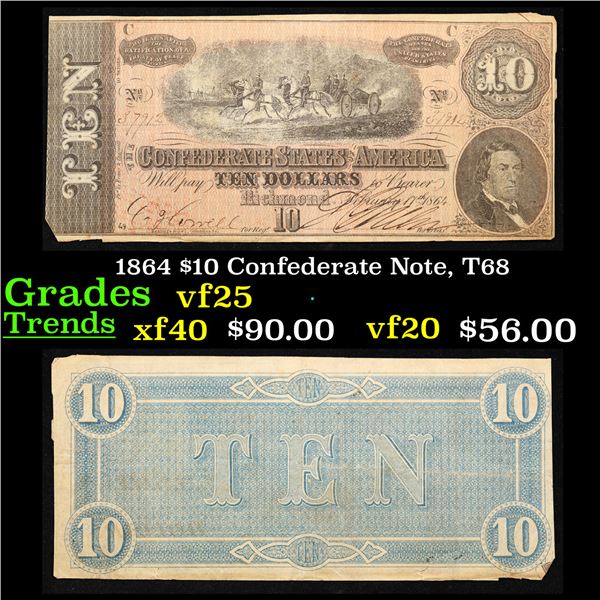 1864 $10 Confederate Note, T68 Grades vf+
