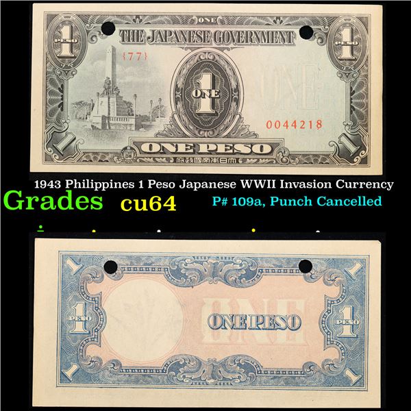 1943 Philippines 1 Peso Japanese WWII Invasion Currency Grades Choice CU