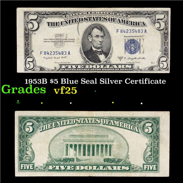 1953B $5 Blue Seal Silver Certificate Grades vf+