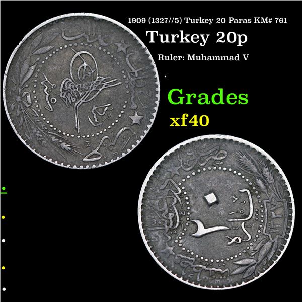 1909 (1327//5) Turkey 20 Paras KM# 761 Grades xf
