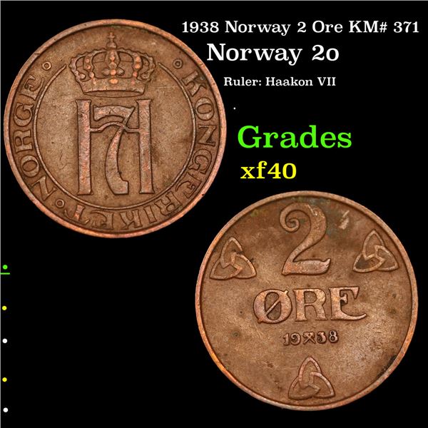 1938 Norway 2 Ore KM# 371 Grades xf