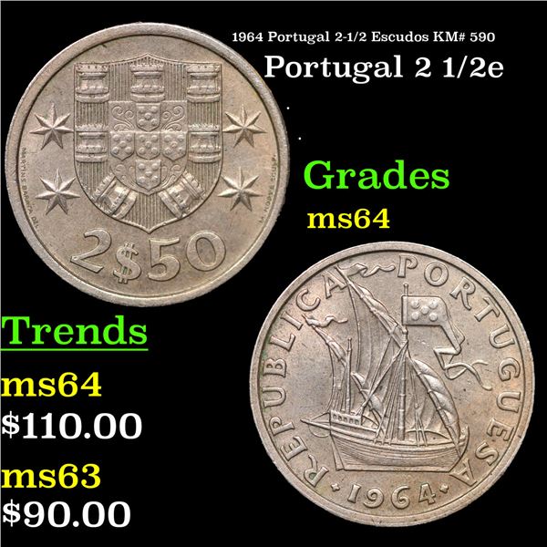 1964 Portugal 2-1/2 Escudos KM# 590 Grades Choice Unc
