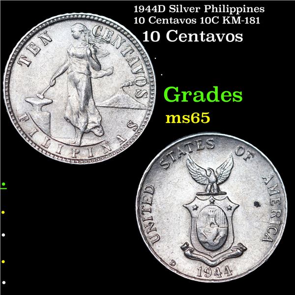 1944D Silver Philippines 10 Centavos 10C KM-181 Grades GEM Unc