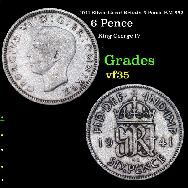 1941 Silver Great Britain 6 Pence KM-852 Grades vf++