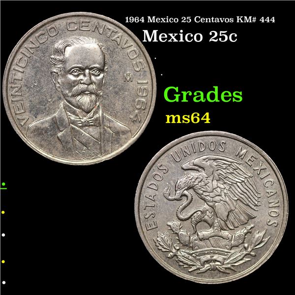 1964 Mexico 25 Centavos KM# 444 Grades Choice Unc