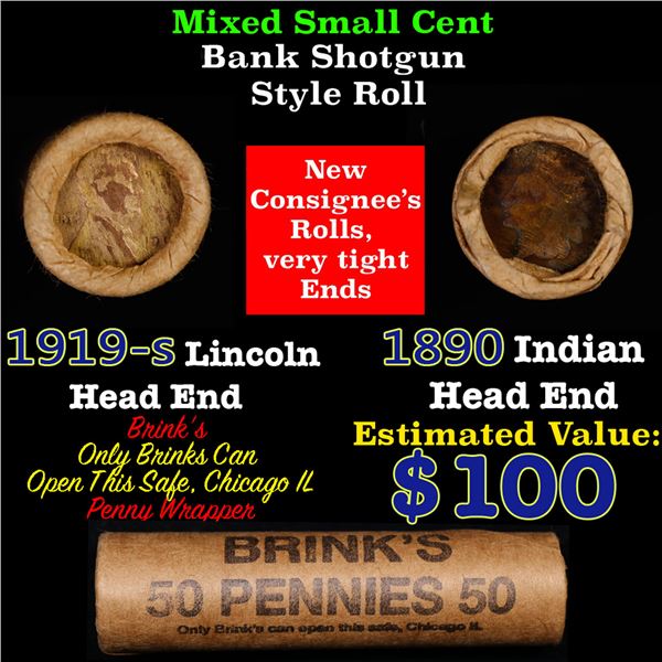 Mixed small cents 1c orig shotgun roll, 1919-s Wheat Cent, 1890 Indian Cent other end, Brinks Wrappe