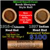 Image 1 : Mixed small cents 1c orig shotgun roll, 1916-d Wheat Cent, 1897 Indian Cent other end, Brinks Wrappe