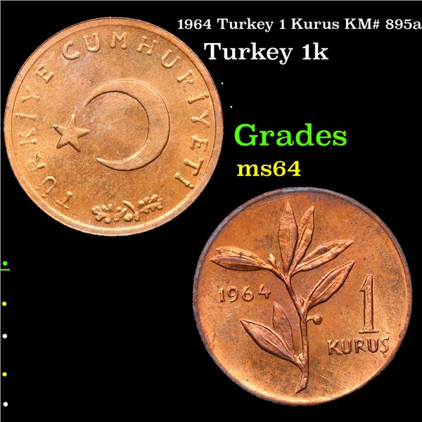1964 Turkey 1 Kurus KM# 895a Grades Choice Unc
