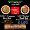 Image 1 : Mixed small cents 1c orig shotgun roll, 1917-d Wheat Cent, 1897 Indian Cent other end, Brinks Wrappe