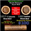 Image 1 : Mixed small cents 1c orig shotgun roll, 1917-s Wheat Cent, 1883 Indian Cent other end, Brinks Wrappe