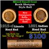 Image 1 : Mixed small cents 1c orig shotgun roll, 1915-d Wheat Cent, 1891 Indian Cent other end, Brinks Wrappe