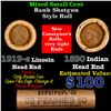 Image 1 : Mixed small cents 1c orig shotgun roll, 1919-s Wheat Cent, 1890 Indian Cent other end, Brinks Wrappe