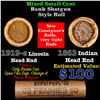 Image 1 : Mixed small cents 1c orig shotgun roll, 1919-s Wheat Cent, 1863 Indian Cent other end, Brinks Wrappe