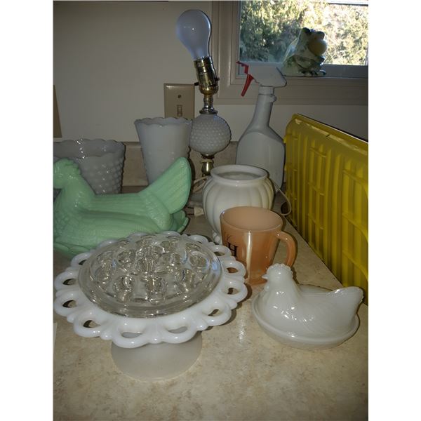 White and green depression glass cat a